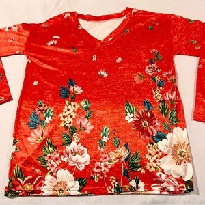 🍊New, Orange Shimmer Multicolor Floral Long Sleeve V-neck Pullover Tee M / L